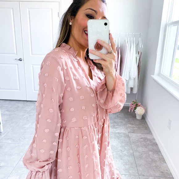 Pink Long Sleeve Swiss Dot Ruffle Loose Dress - Picture 7 of 12